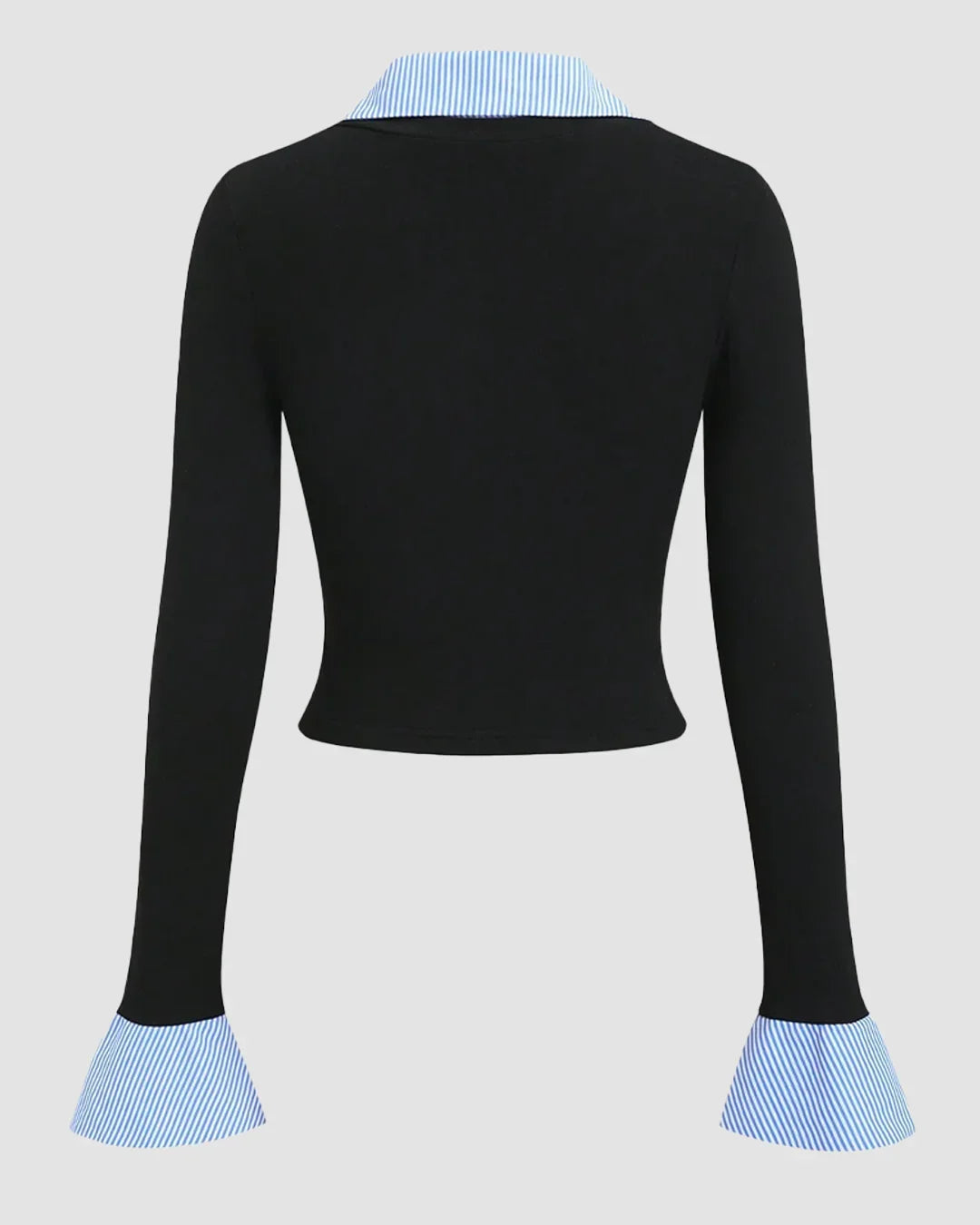 Collared Neck Contrast Cuff Knitted Full Sleeve Top in Blue and Black