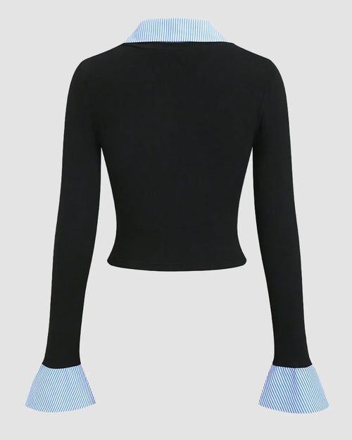 Collared Neck Contrast Cuff Knitted Full Sleeve Top in Blue and Black