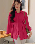Collared Neck Long Sleeve Structured Flared Top in Pink