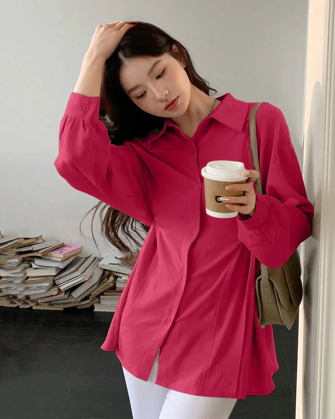 Collared Neck Long Sleeve Structured Flared Top in Pink