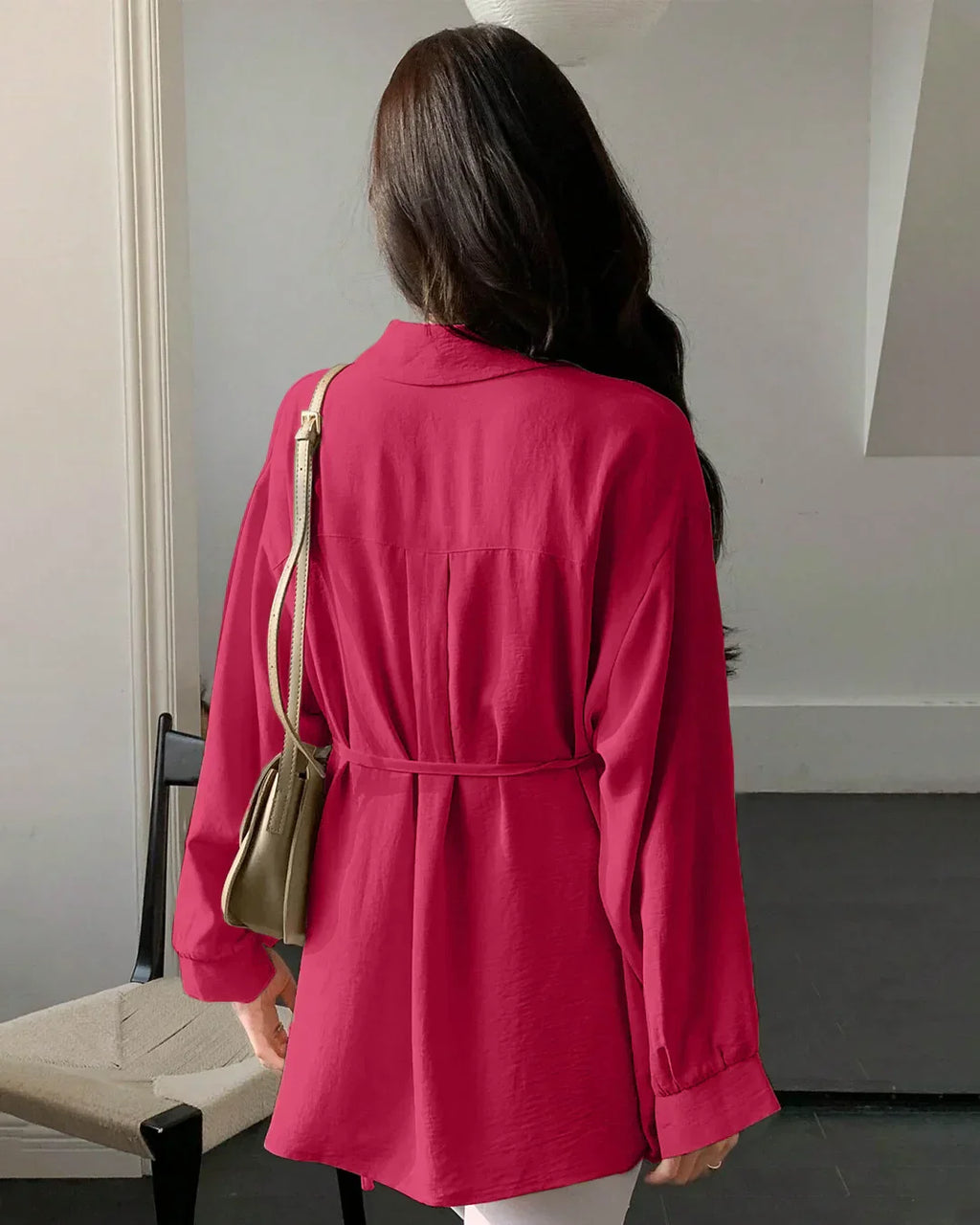 Collared Neck Long Sleeve Structured Flared Top in Pink