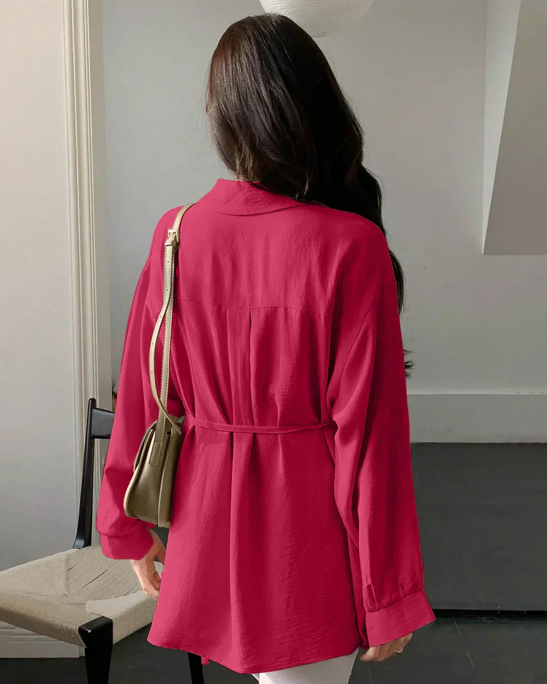 Collared Neck Long Sleeve Structured Flared Top in Pink