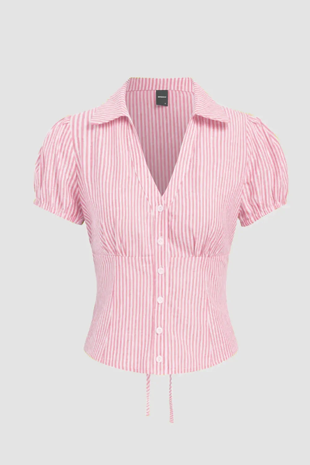 Collared Neck Slim Fit Button Front Puff Sleeve Top in Pink