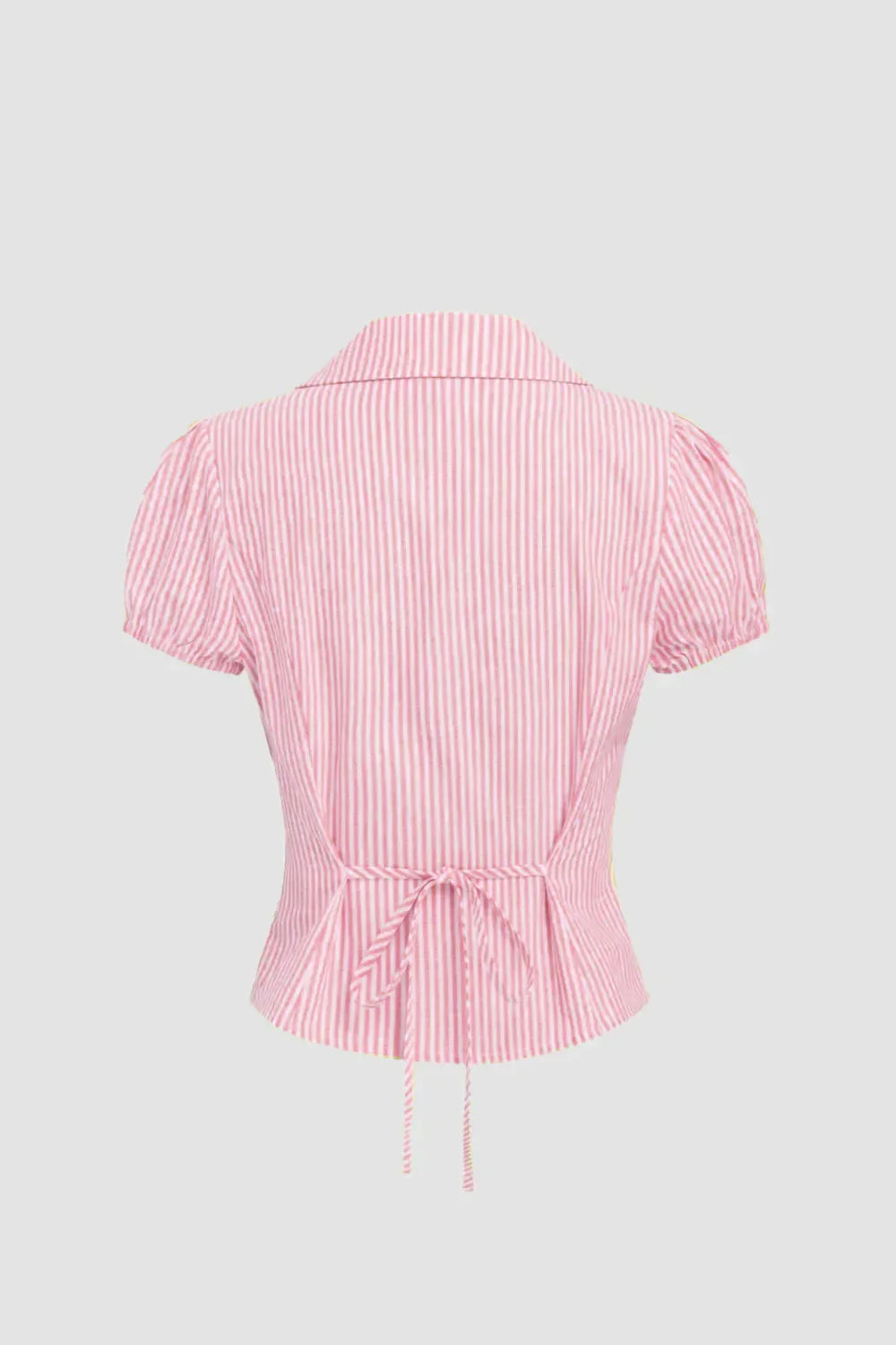 Collared Neck Slim Fit Button Front Puff Sleeve Top in Pink