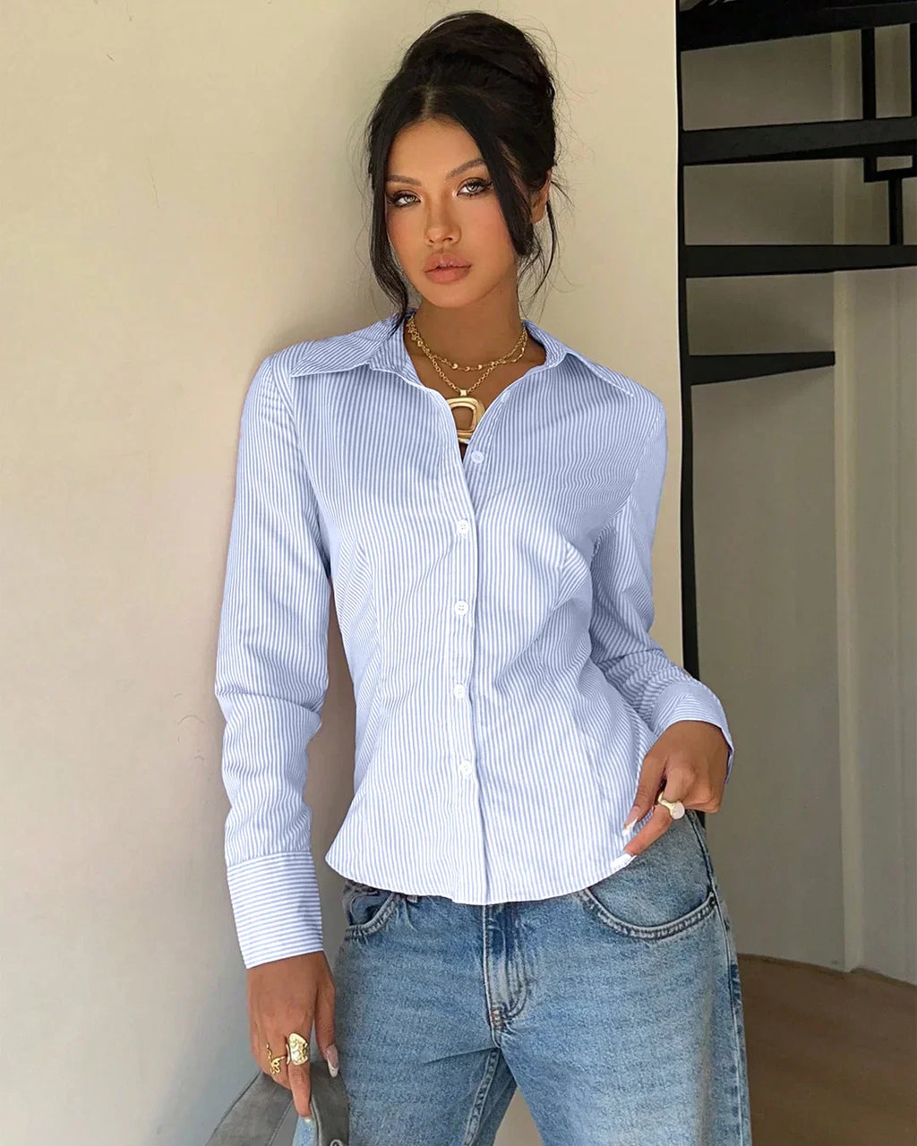 Collared Neck Slim Fit Lace-Up Back Full Sleeve Top in Blue