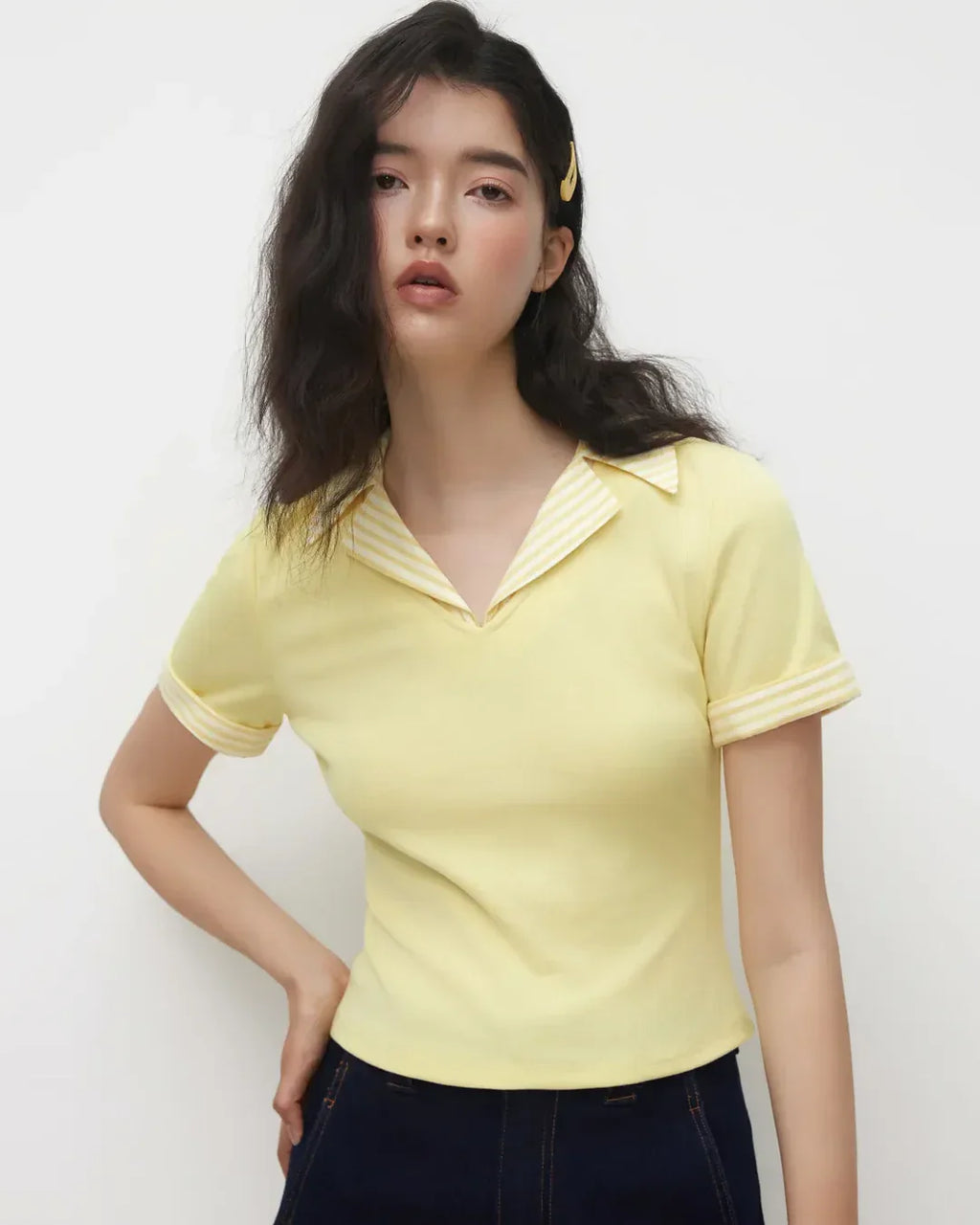 Collared Neck Stretch Short Sleeve Polo T Shirt in Yellow