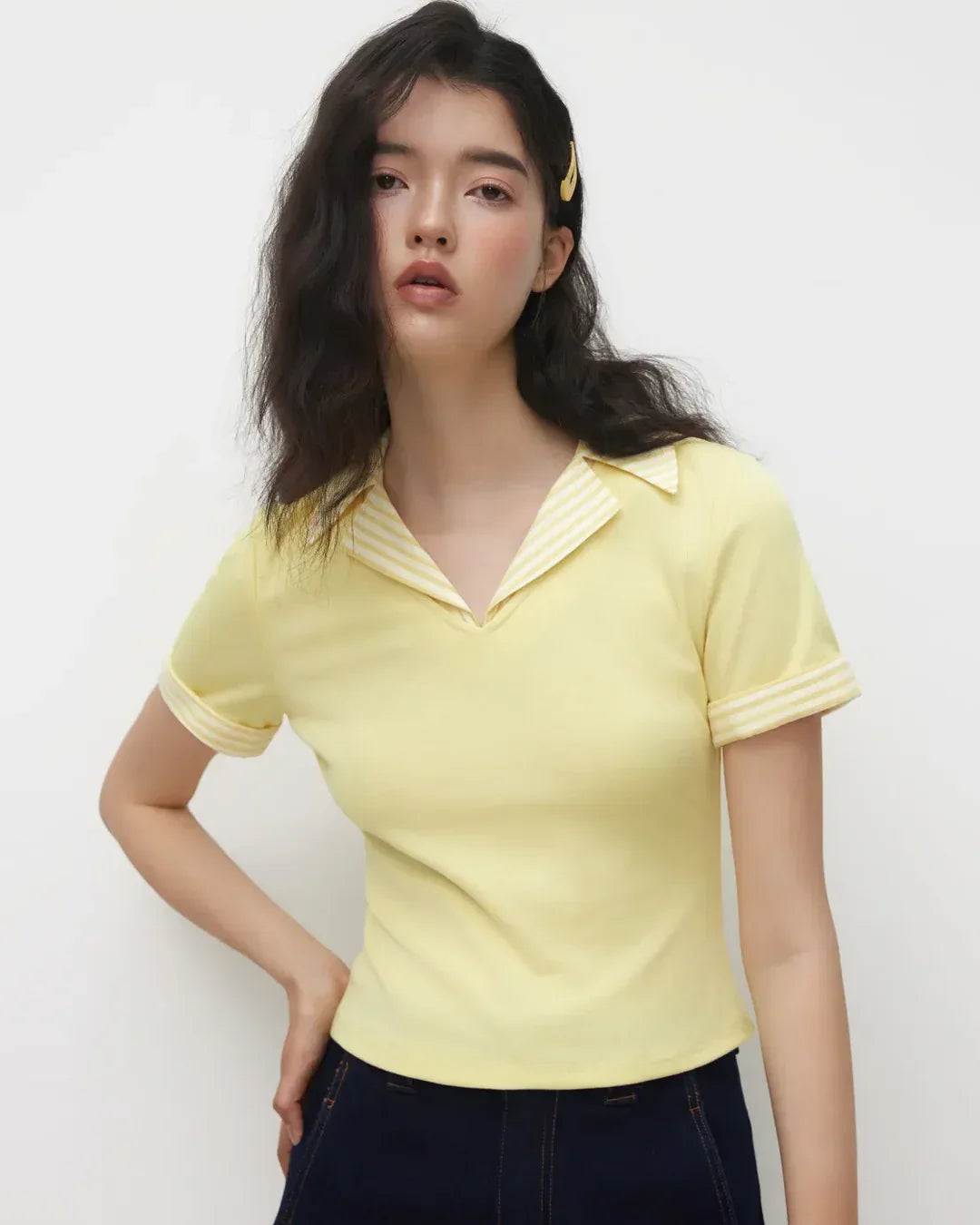 Collared Neck Stretch Short Sleeve Polo T Shirt in Yellow