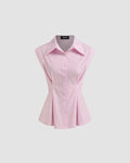 Collared Neck Tailored Peplum Shirt with Button Front in Pink