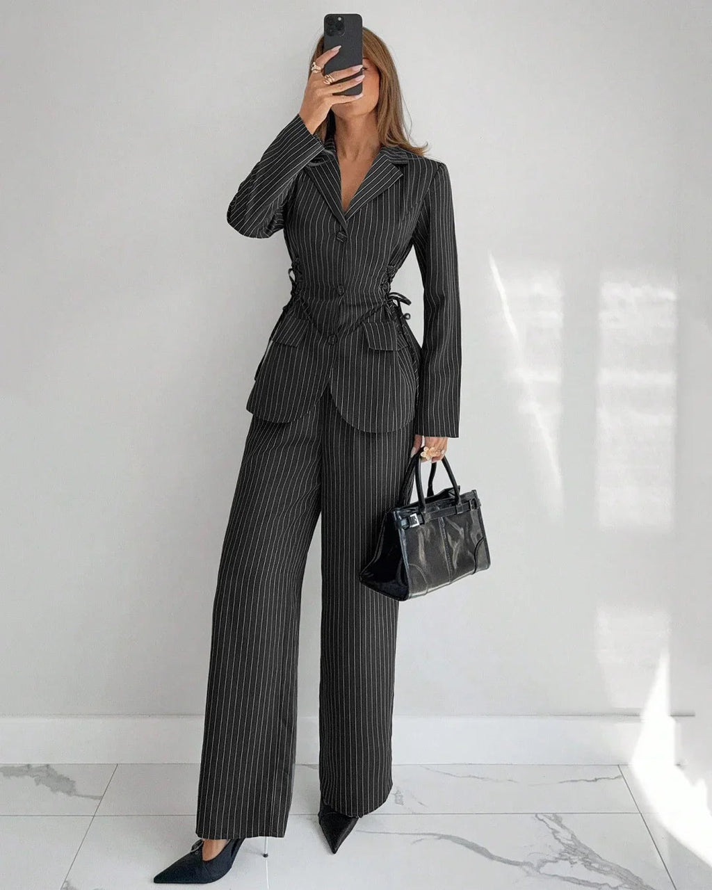 Collared Slim Fit A-Line Hem Striped Long Sleeve Blazer and Trouser Suit Set