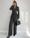 Collared Slim Fit A-Line Hem Striped Long Sleeve Blazer and Trouser Suit Set