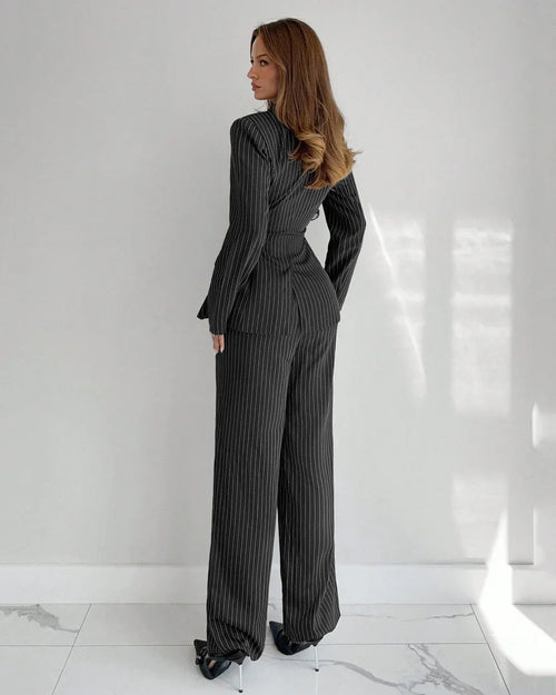 Collared Slim Fit A-Line Hem Striped Long Sleeve Blazer and Trouser Suit Set