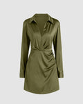 Collared V-Neck Long Sleeve Herbal Green Mini Dress