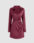 Collared V-Neck Long Sleeve Rose Red Mini Dress
