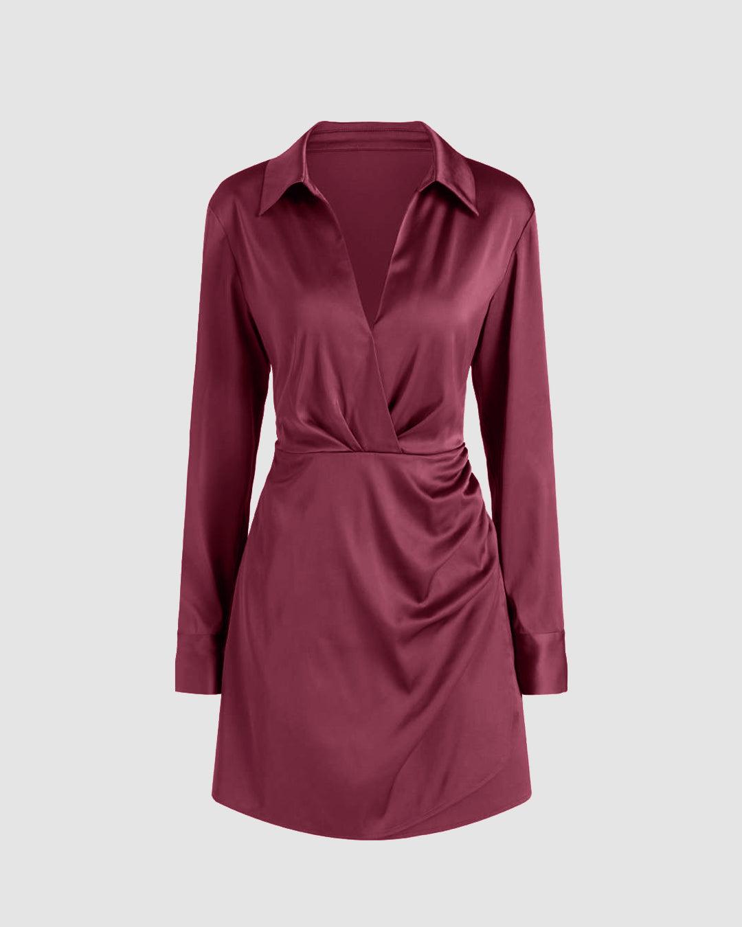 Collared V-Neck Long Sleeve Rose Red Mini Dress