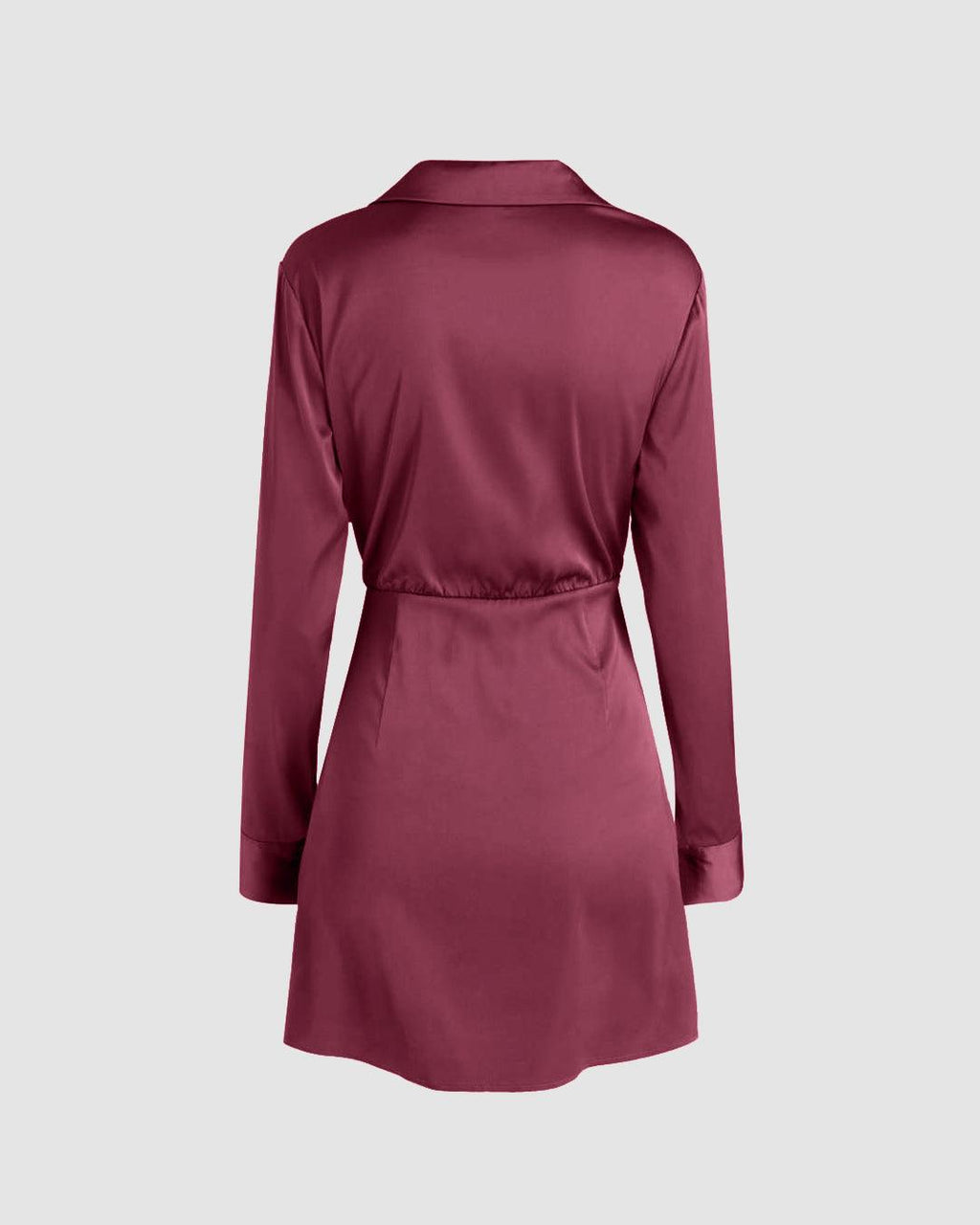Collared V-Neck Long Sleeve Rose Red Mini Dress