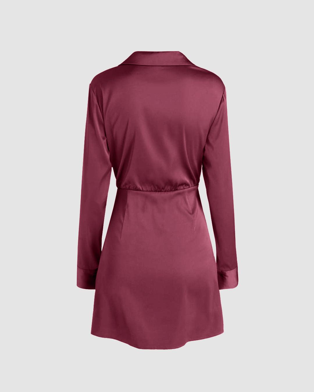 Collared V-Neck Long Sleeve Rose Red Mini Dress