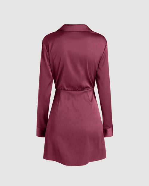 Collared V-Neck Long Sleeve Rose Red Mini Dress