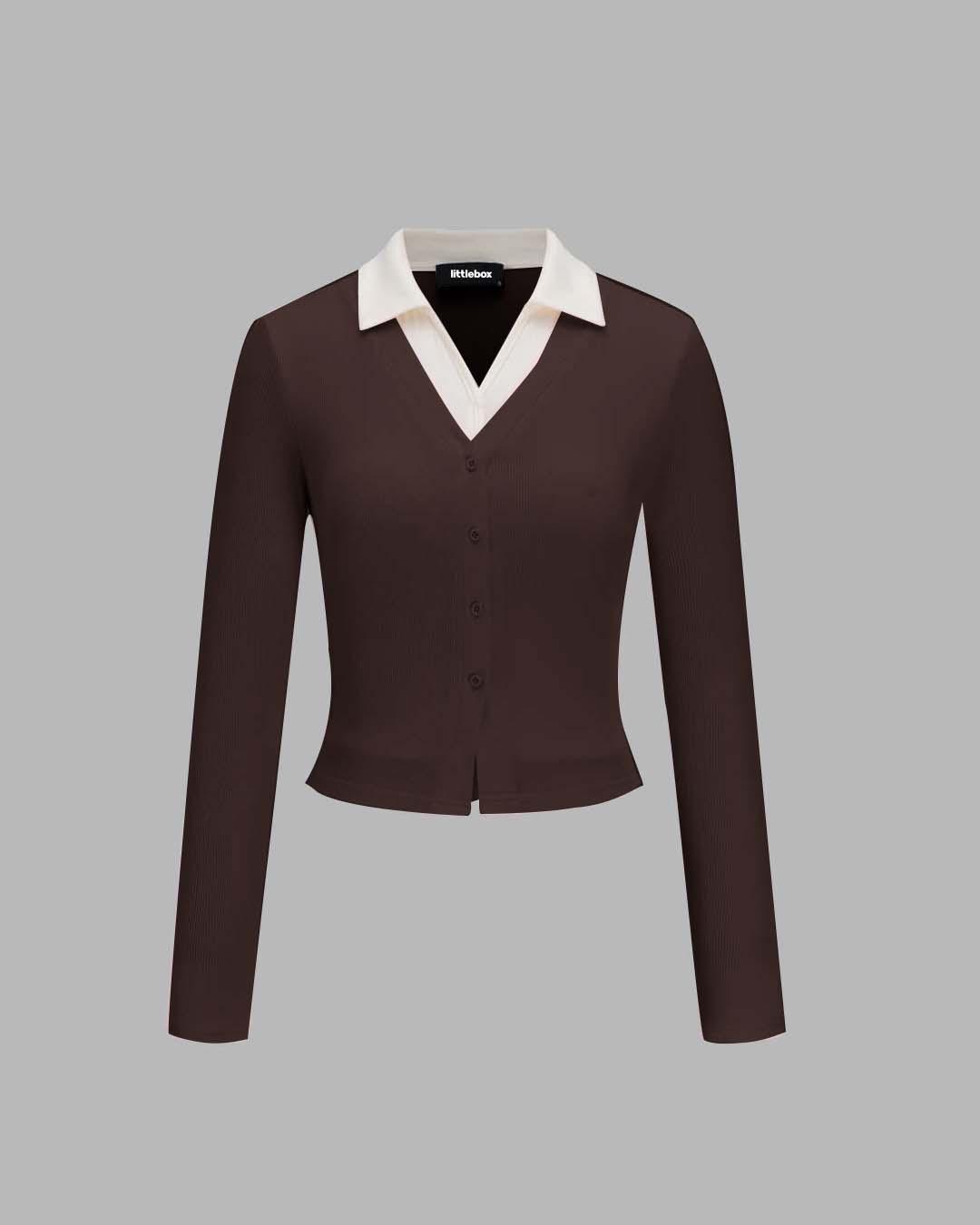 Collared V Neck Long Sleeve Button Front Top in Brown