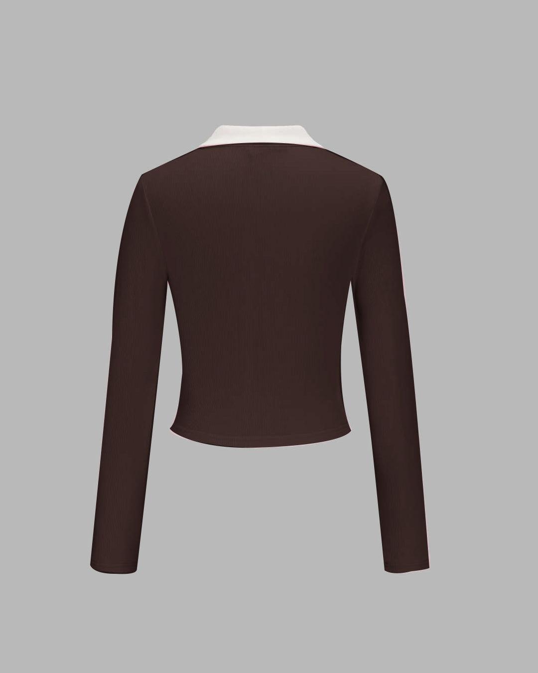 Collared V Neck Long Sleeve Button Front Top in Brown