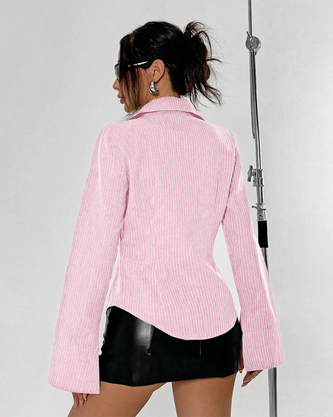 Collared V Neck Striped Full Sleeve Shirt in Pink and White
