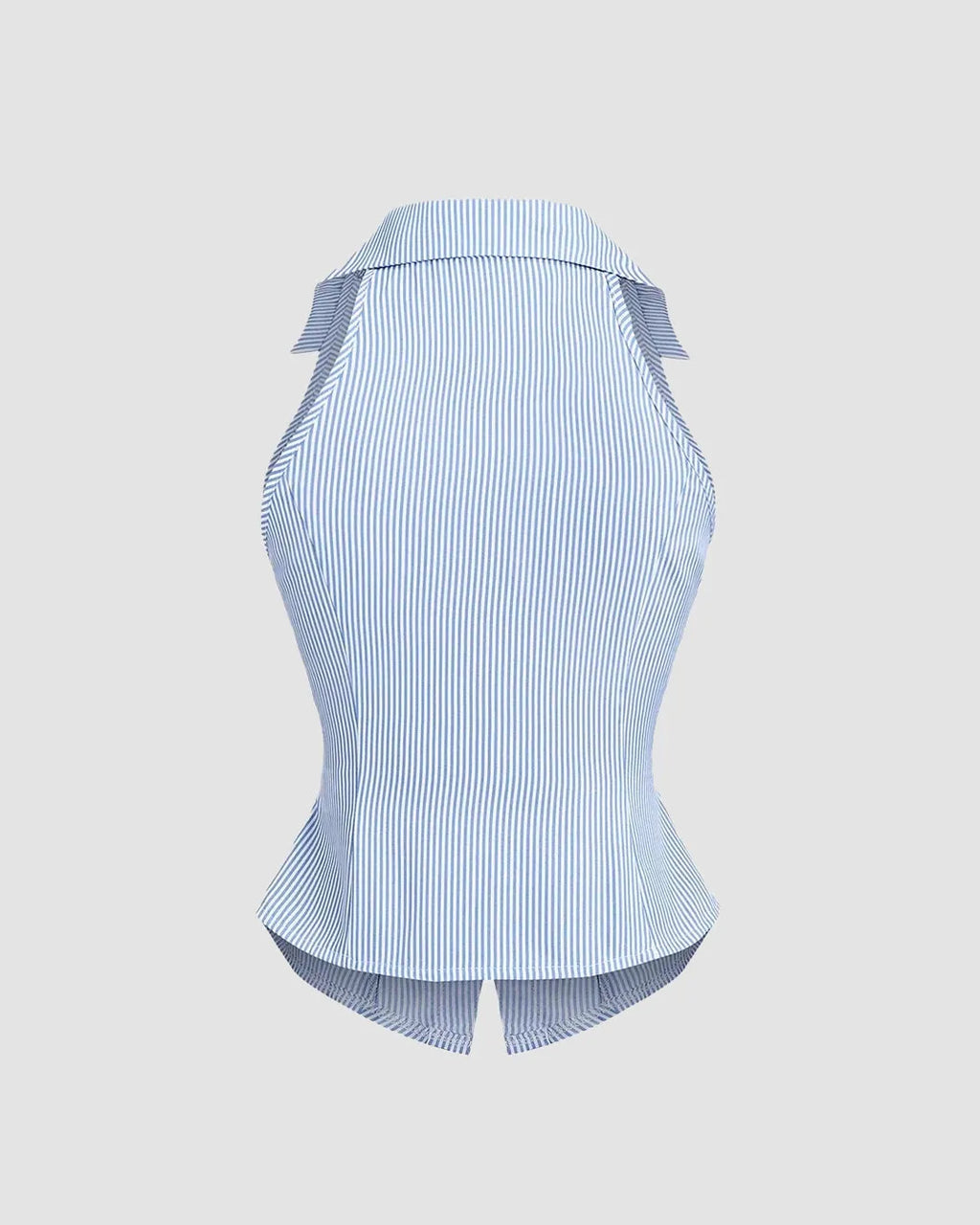 Collared V Neck Striped Sleeveless Top in Blue and White