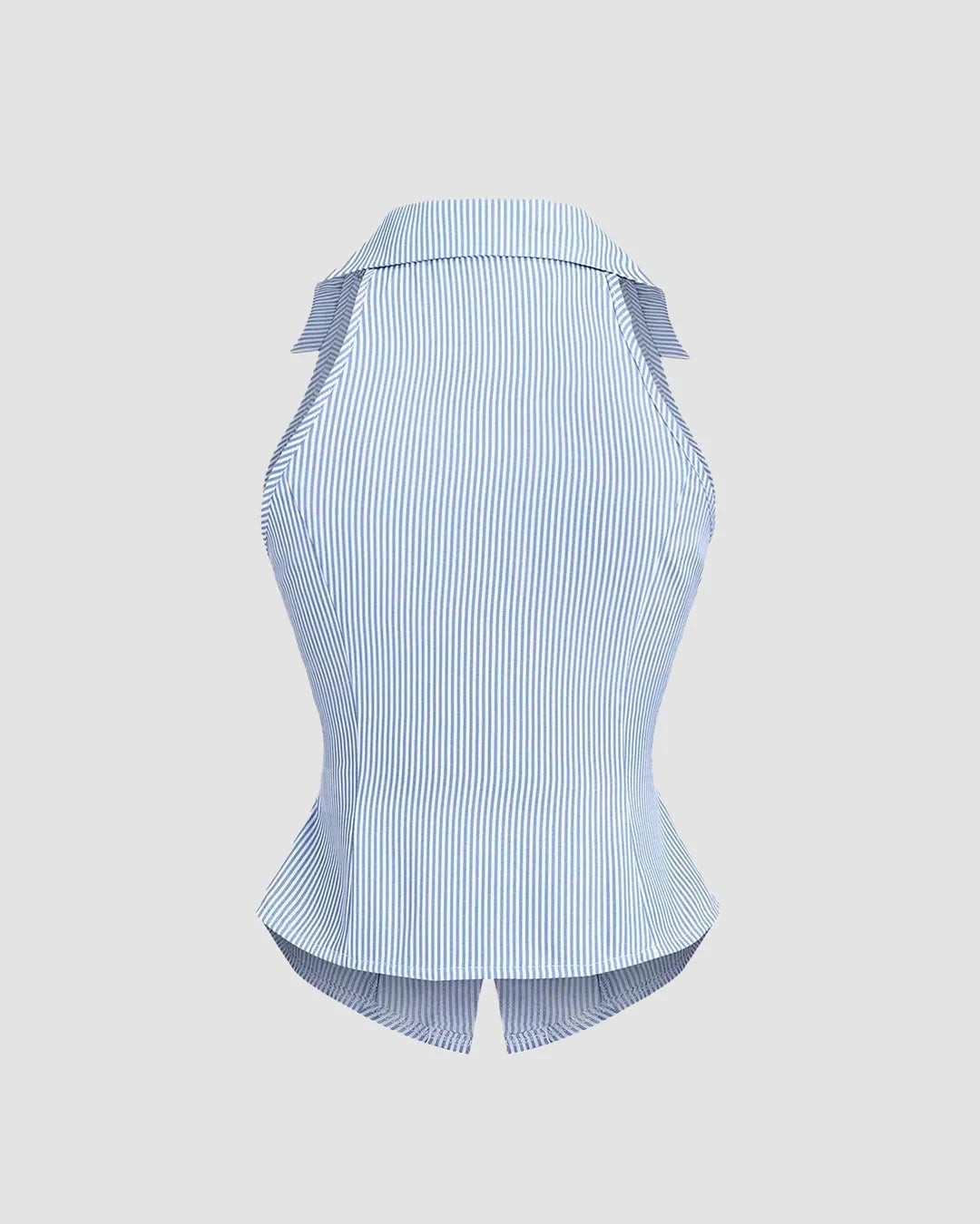 Collared V Neck Striped Sleeveless Top in Blue and White