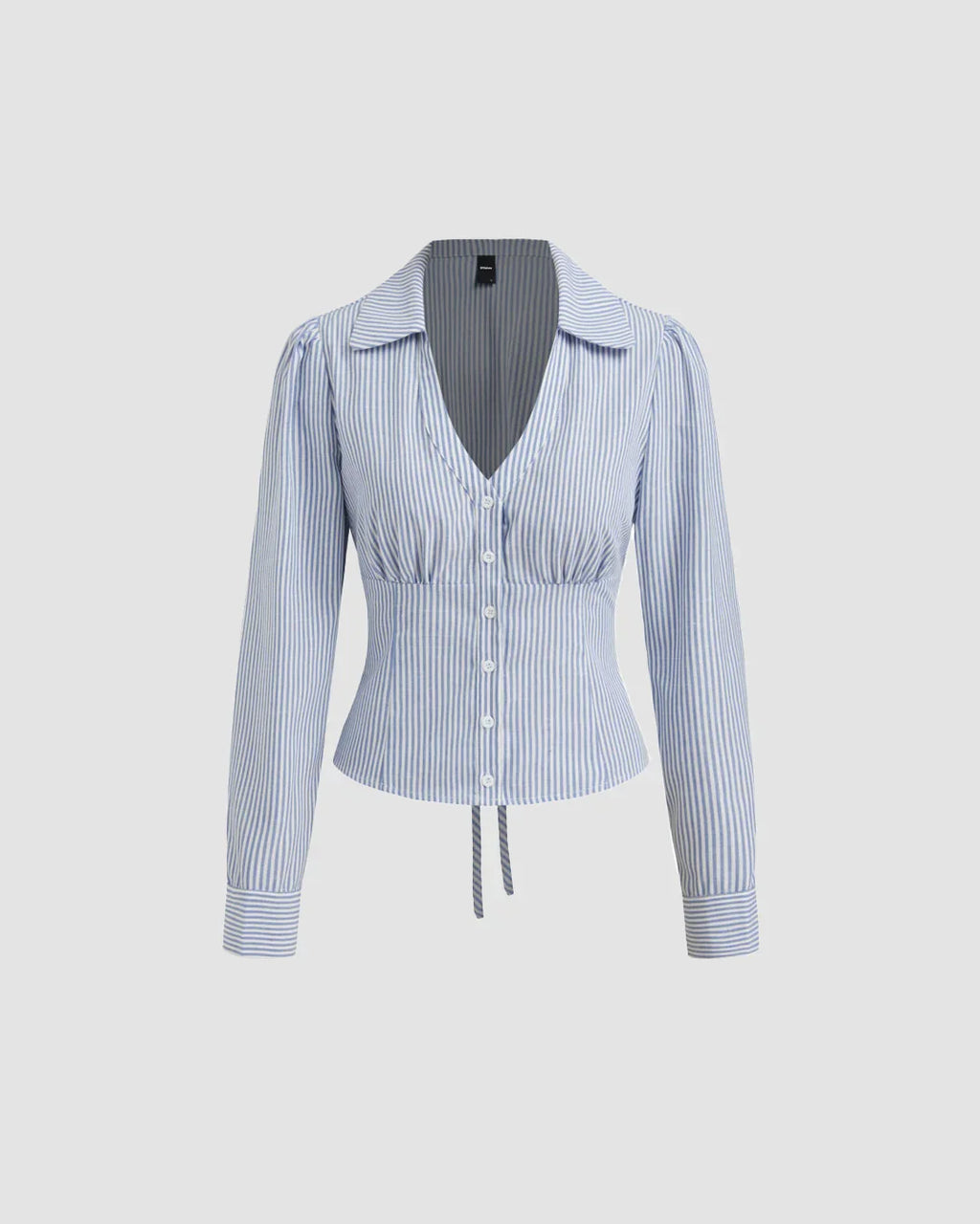 Collared V Neck Tie-Up Full Sleeve Top in Blue and White