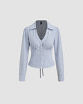 Collared V Neck Tie-Up Full Sleeve Top in Blue and White