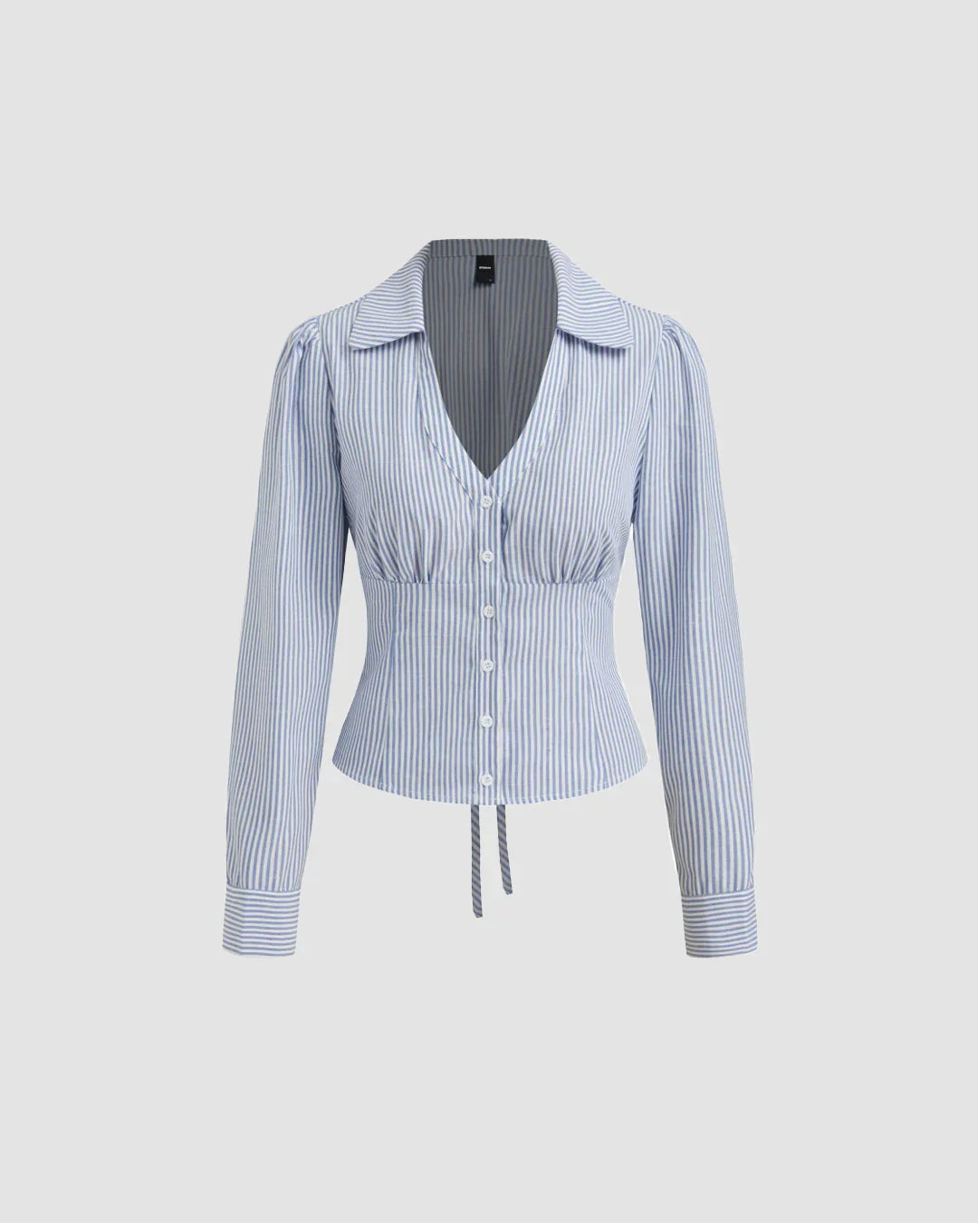 Collared V Neck Tie-Up Full Sleeve Top in Blue and White