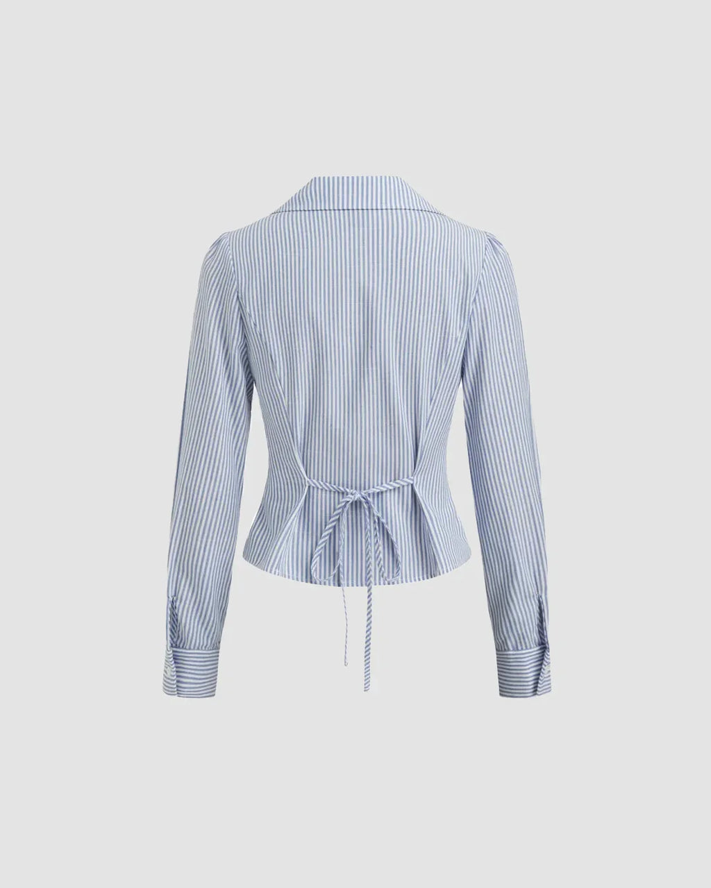 Collared V Neck Tie-Up Full Sleeve Top in Blue and White