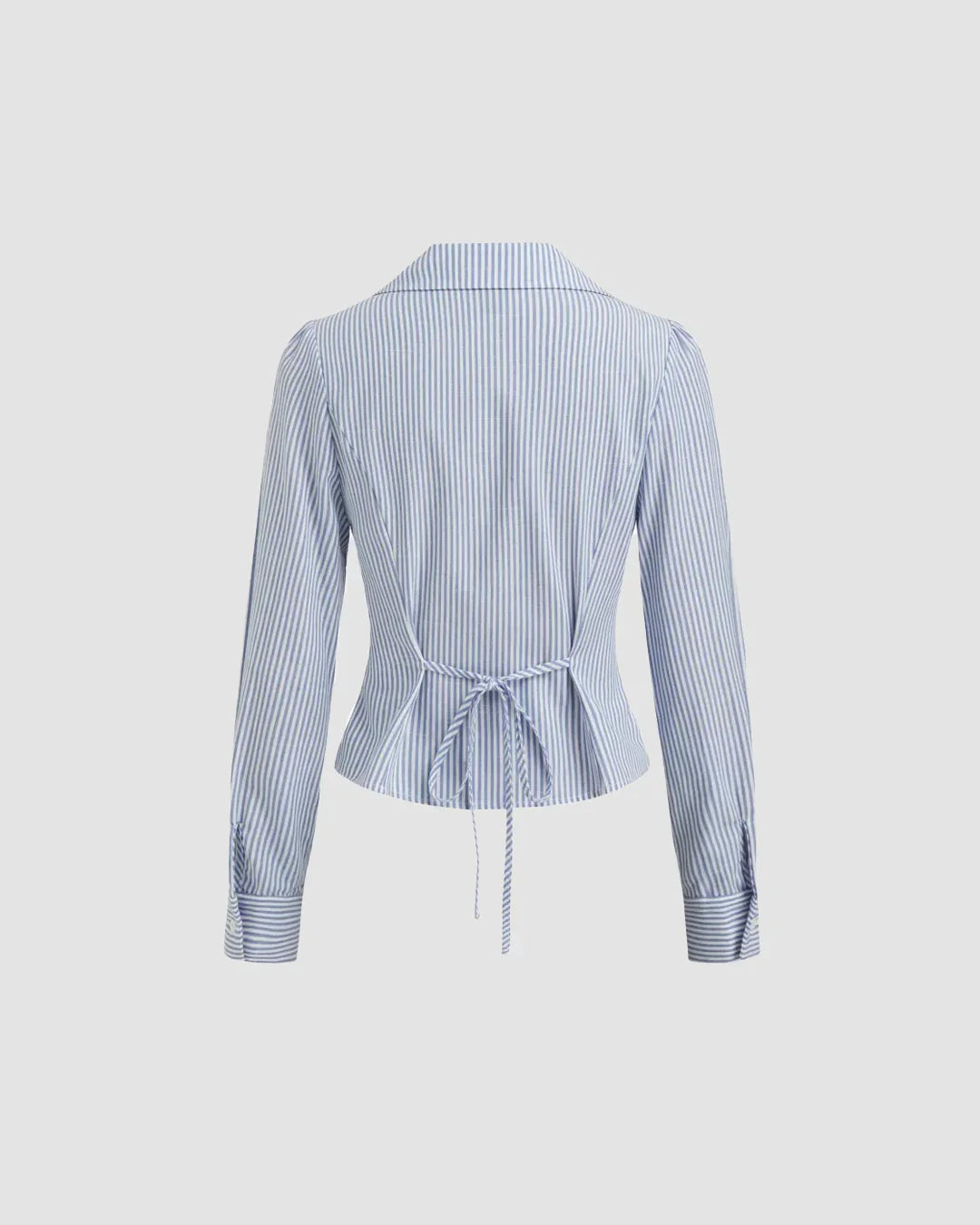 Collared V Neck Tie-Up Full Sleeve Top in Blue and White