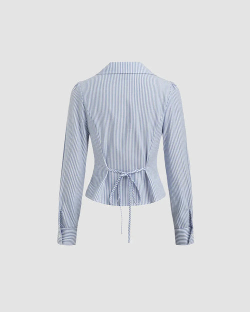 Collared V Neck Tie-Up Full Sleeve Top in Blue and White