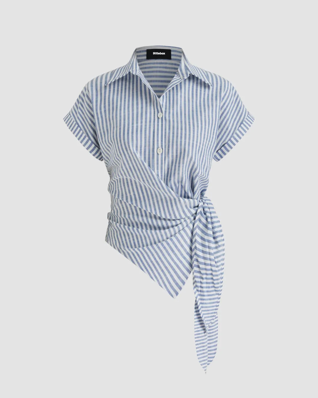 Collared V Neck Wrap Style Short Sleeve Shirt in Blue