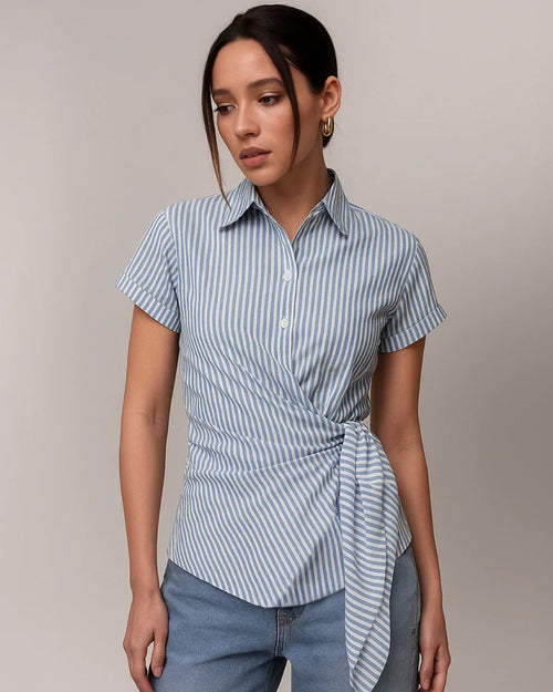 Collared V Neck Wrap Style Short Sleeve Shirt in Blue