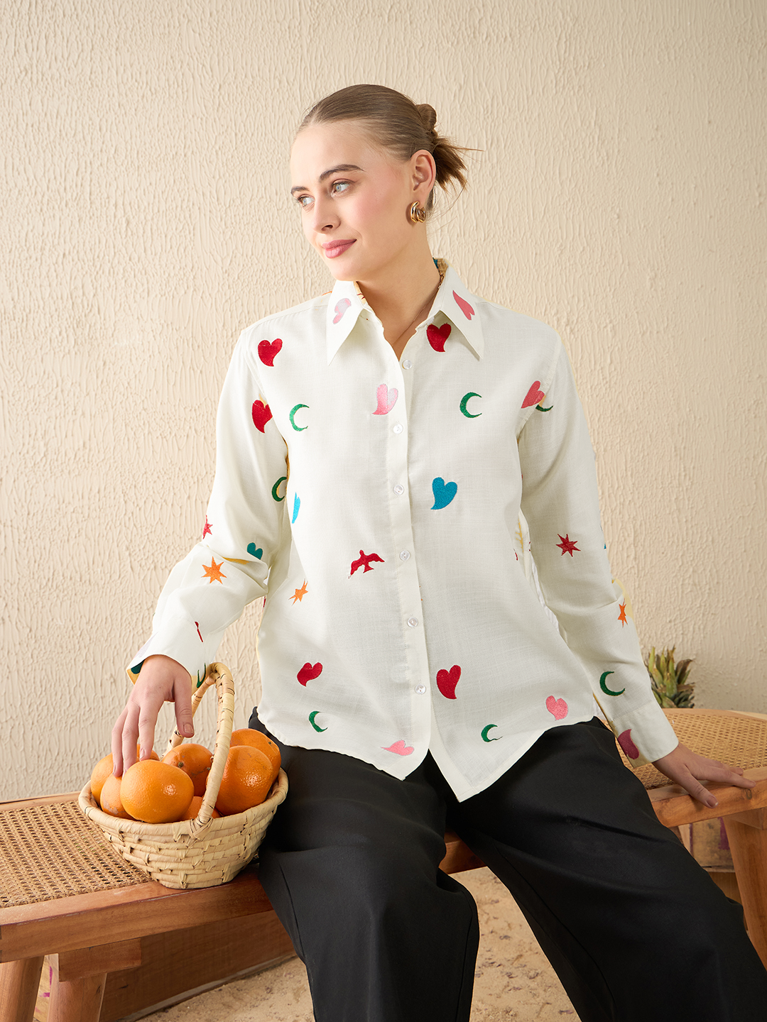 All Over Embroidered Linen Shirt - Pinkkup
