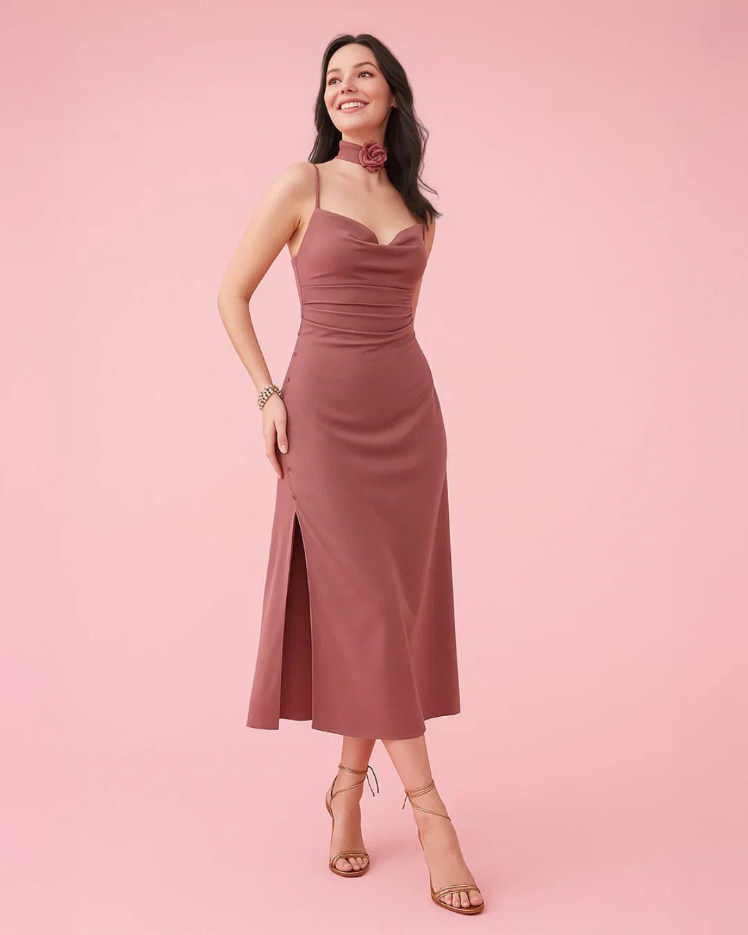 Cowl Neck Midi Dress with Slit in Solid Peach