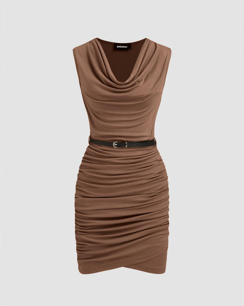 Cowl Neck Ruched Solid Mini Dress Without Belt In Brown