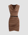 Cowl Neck Ruched Solid Mini Dress Without Belt In Brown