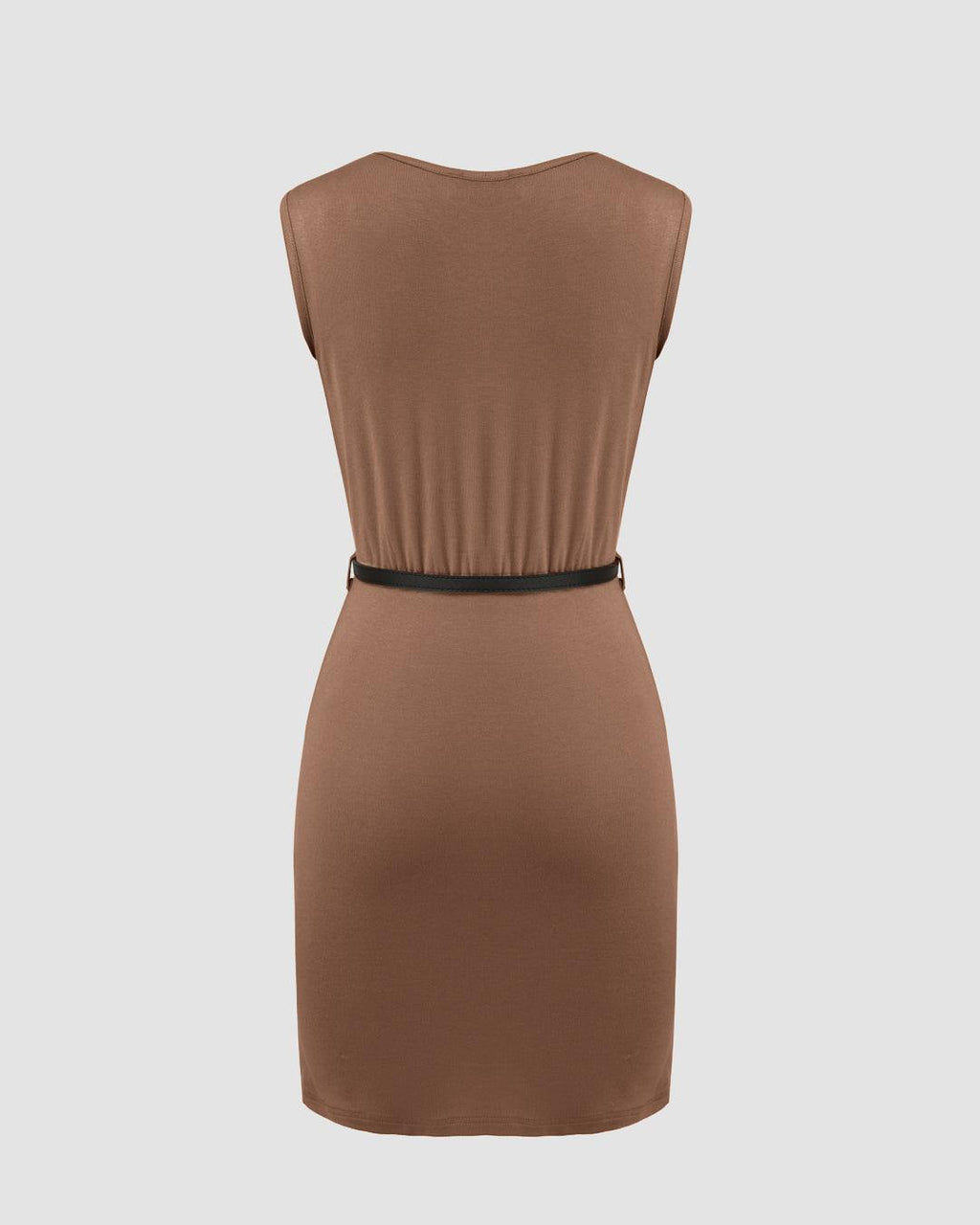 Cowl Neck Ruched Solid Mini Dress Without Belt In Brown