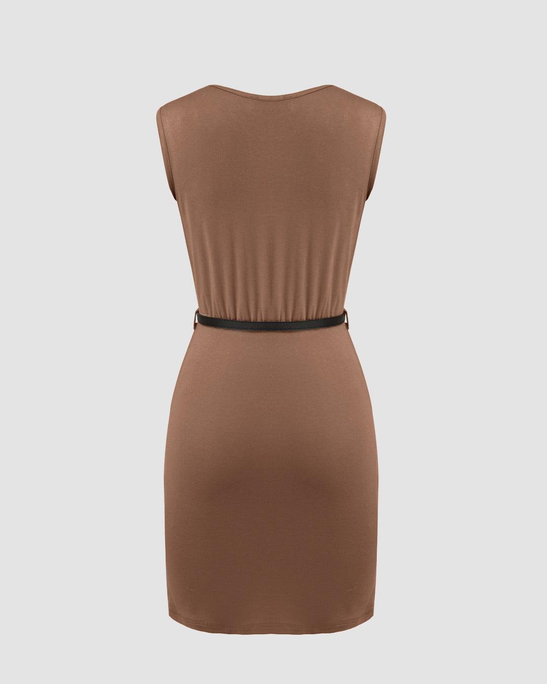 Cowl Neck Ruched Solid Mini Dress Without Belt In Brown