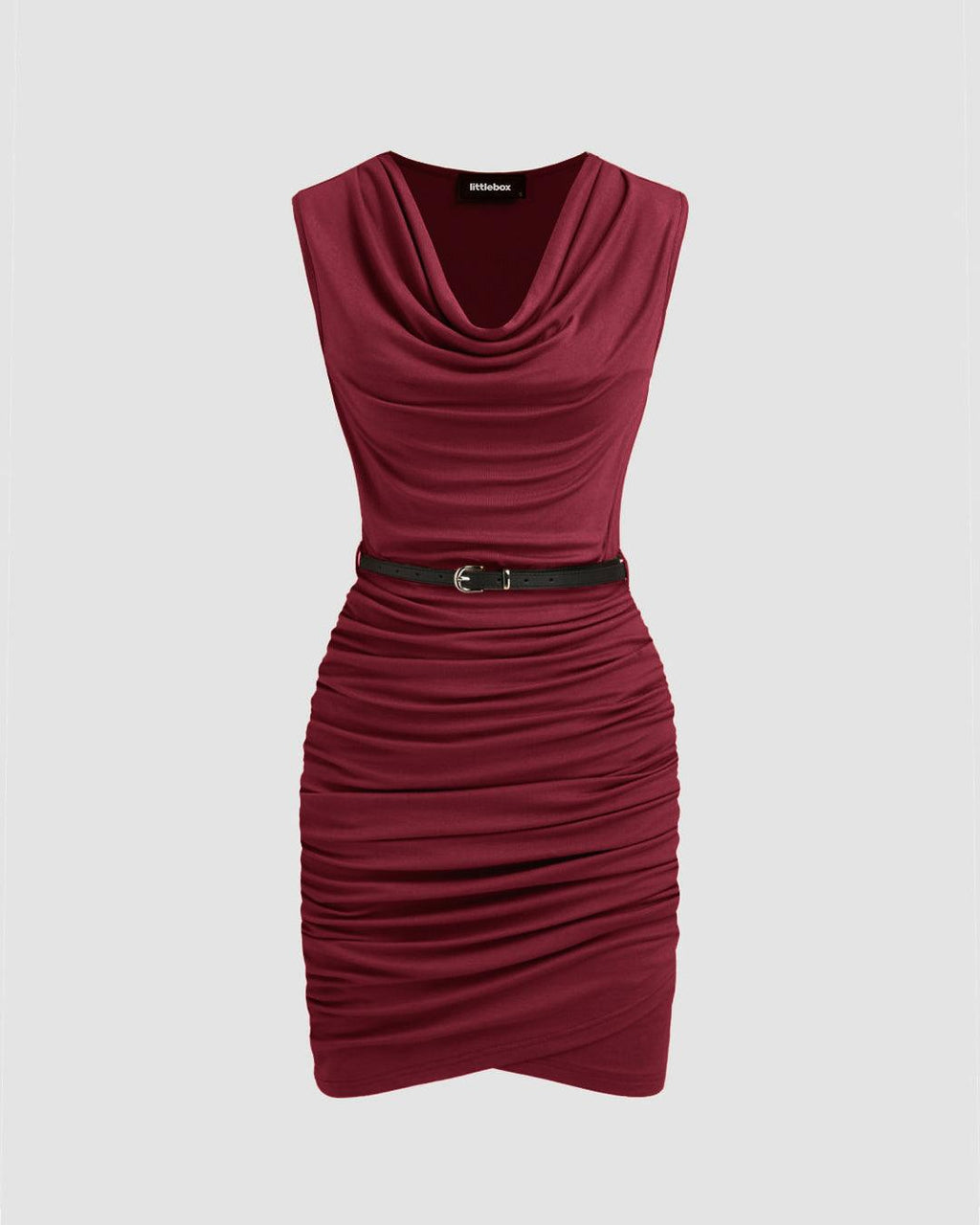 Cowl Neck Ruched Solid Mini Dress Without Belt In Maroon