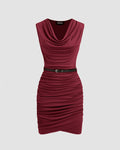 Cowl Neck Ruched Solid Mini Dress Without Belt In Maroon