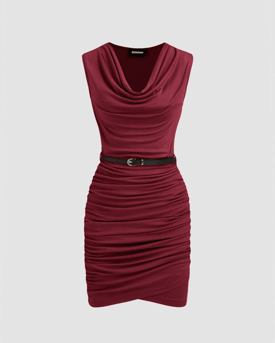 Cowl Neck Ruched Solid Mini Dress Without Belt In Maroon