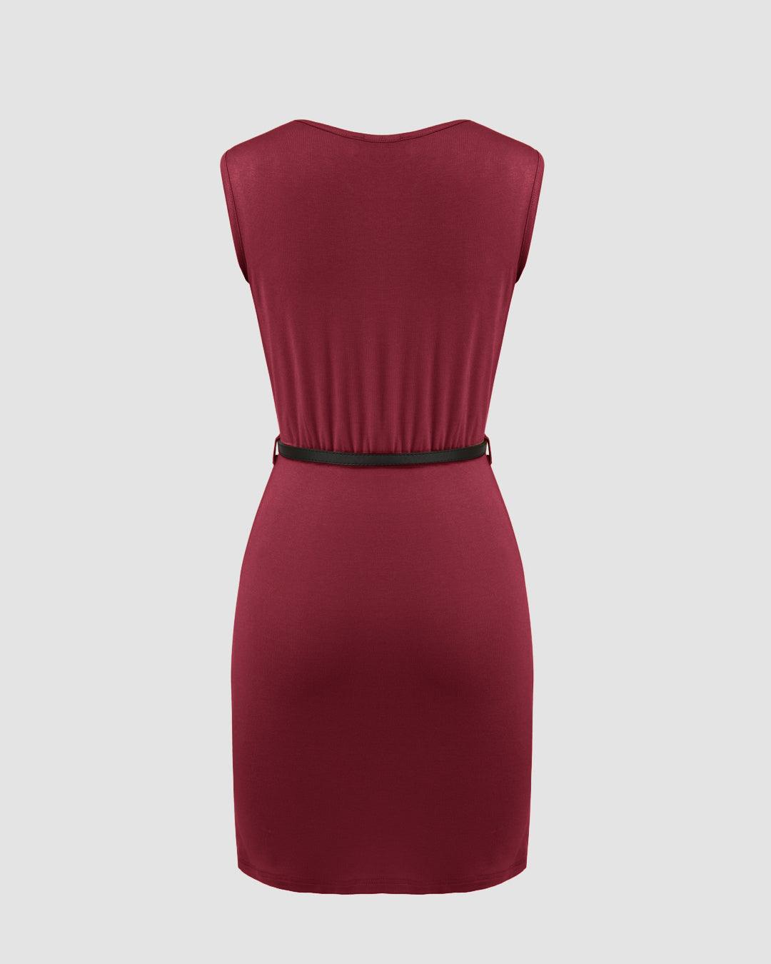 Cowl Neck Ruched Solid Mini Dress Without Belt In Maroon