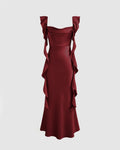 Cowl Neck Ruffle  Maxi Dress In Cherry Red