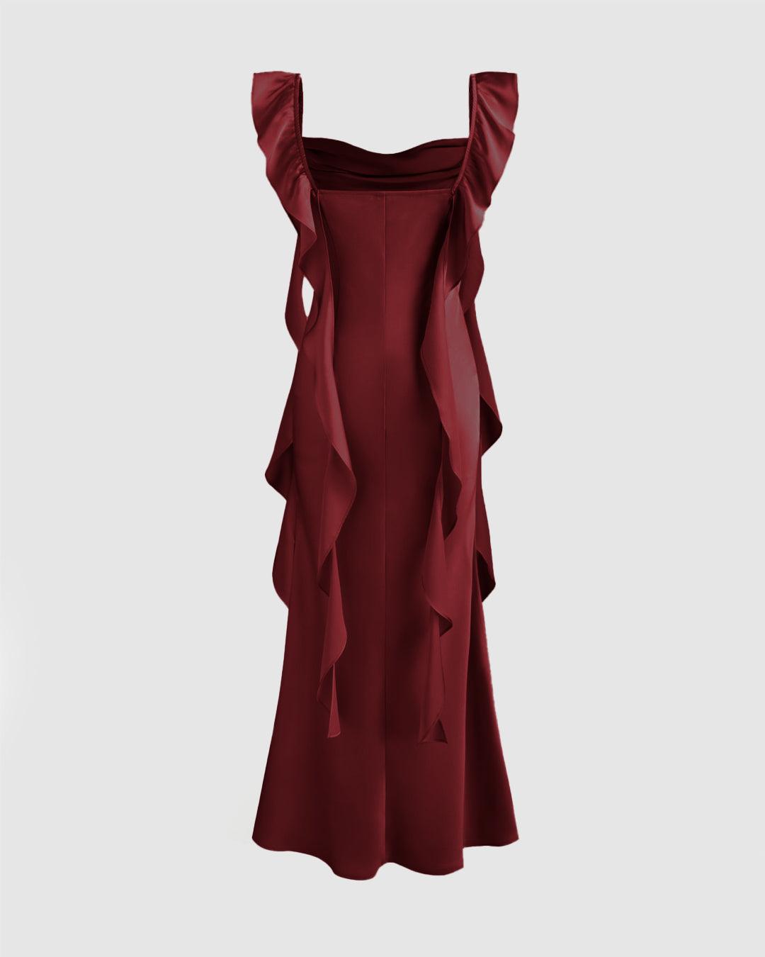 Cowl Neck Ruffle  Maxi Dress In Cherry Red
