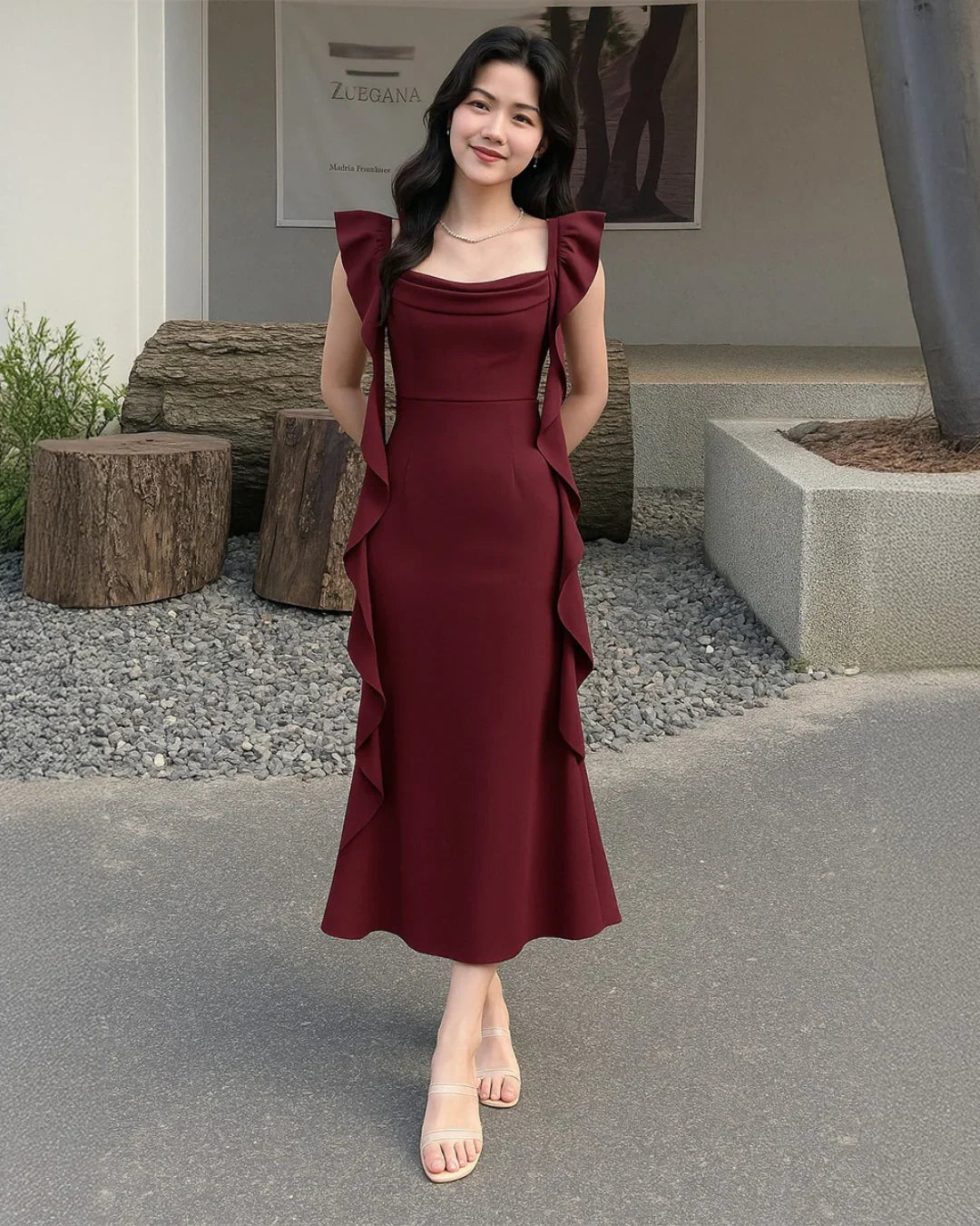 Cowl Neck Ruffle  Maxi Dress In Cherry Red