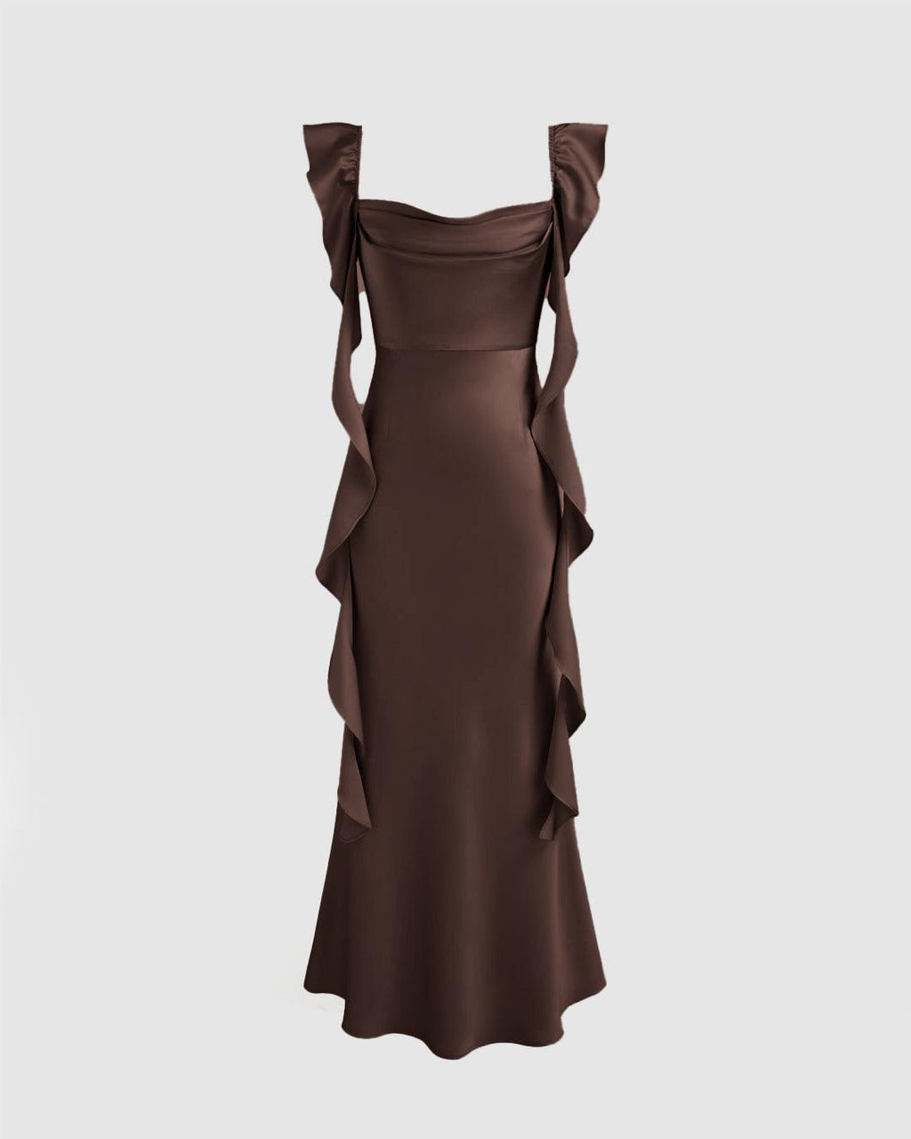 Cowl Neck Ruffle Satin Maxi Dress In Brown