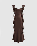 Cowl Neck Ruffle Satin Maxi Dress In Brown