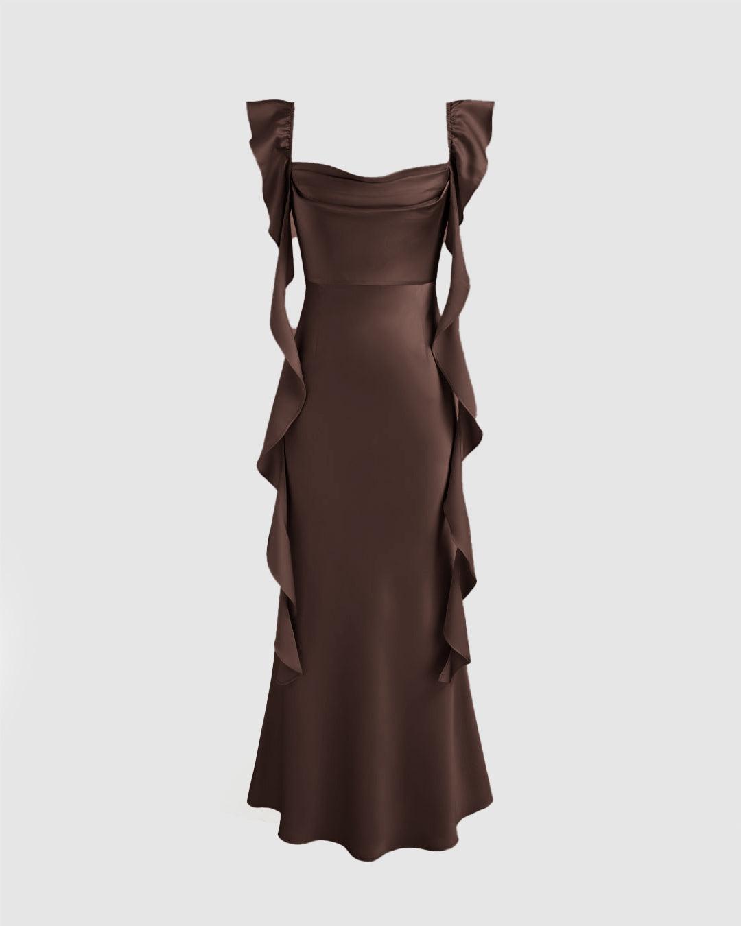 Cowl Neck Ruffle Satin Maxi Dress In Brown